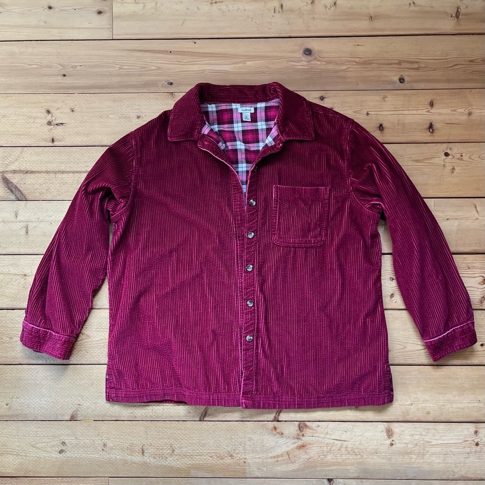 LL Bean Corduroy Shacket Button Up Jacket Flannel Lined Burgundy Red XL